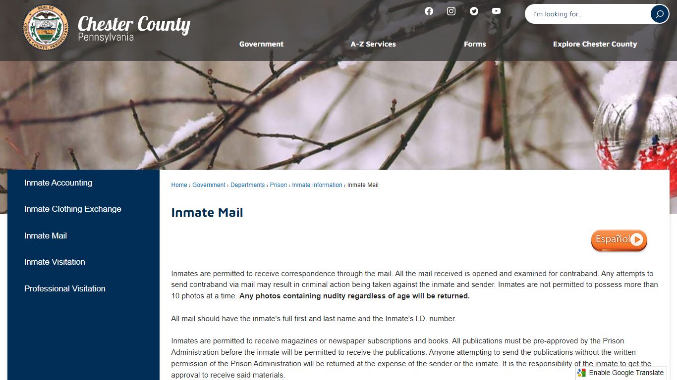 Inmate Mail | Chester County, PA - Official Website